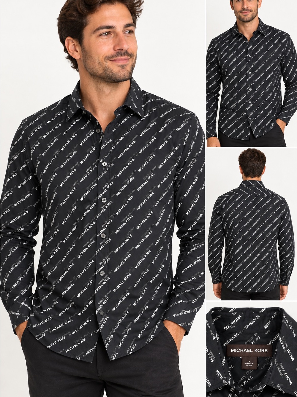 Michael Kors Men’s Black Logo Print Button Down Shirt Long Sleeve Size L Cotton